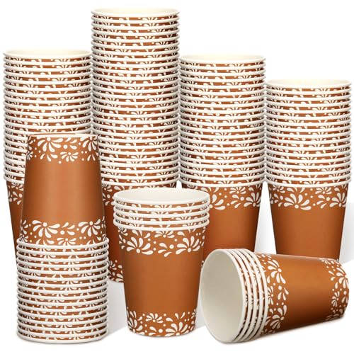 100 Pcs Copas De Barro Mexicanas Cielito Lindo Party Decoration Mexican Dinnerware Terracotta Flower Clay Disposable Paper Cups for Birthday Wedding Party Supplies Decoration(White Flower)