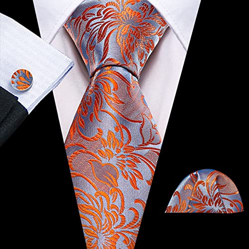 Image of Barry.Wang Flower Ties for Men Silk Woven Floral Tie Sets Necktie Handkerchief Cufflinks Wedding Party