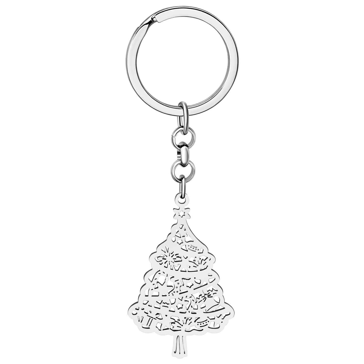 NEWEI Albero Di Natalizi Fiocco Di Neve Anelli Portachiavi In Acciaio Inox Snowman Candy Casa Decorazioni per Le Donna Bambina Auto Chiave Charms (Albero di Natale Argento