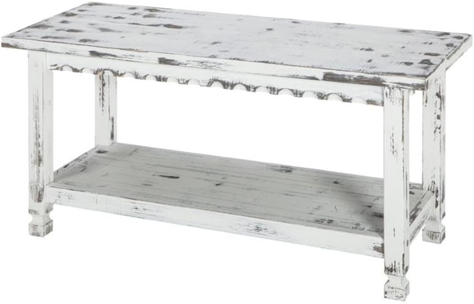 Alaterre Furniture Country Cottage Bench with Storage Shelf – 36in Pine and Acacia Entryway Bench with Distressed Finish for Farmhouse Decor – Entryway, Hallway, or Bedroom Furniture (White Antique)