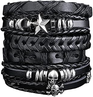 6 Pcs Leather Bracelet Men Braided Wide Wristband Black Punk Rock Skull Bracelet Set for Men Women Woven Cuff Wrap Vintage Bracelet Adjustable Length Woven Leather Bracelet