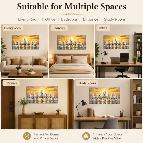 Image of Seven Horses Vastu Wall Sticker for Home & Office, 7 Running White Horses Sunrise Wall Art, Positive Energy Wall Decor for Living Room, Bedroom, Entrance & Office