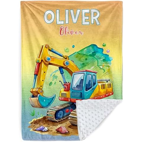 Personalized Boy Babies Blankets,Double Layered Cute Excavating Dark Truck Cotton Blanket,Custom Name Swaddle Blankets for Baby Newborn Toddler,Soft Baby Receiving Blanket, Gifts for Infant Kids Cover