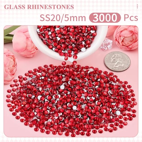 Image of 3000PCS SS20 /5mm Crystal Glass Rhinestones for Bedazzling (Red /Siam) | Flatback Rhinestones for Crafting DIY Nail Art Makeup Decoration, Gems Diomand Charms for Tumbler Shoes Clothing Mug