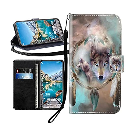 Sunrive Kompatibel mit Samsung Galaxy S7 Hülle,Magnetisch Schaltfläche Ledertasche Schutzhülle Etui Leder Case Handyhülle Tasche Schalen Lederhülle MEHRWEG(Wolf Traumfänger B1)