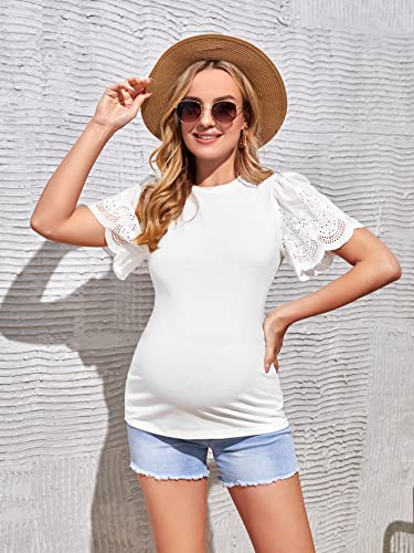Verdusa Women's Maternity Scalloped Short Sleeve Round Neck Pregnancy Tee Top White M #TOP2