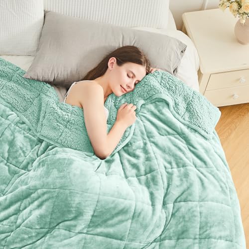 Cottonblue Weighted Blanket for Adults 15 lbs Queen Size 60x80 inches, Cozy Flannel Sherpa Weighted Throw Blankets Comfortable for Calming and Relax, Shaggy Fleece Bed Sofa Heavy Blankets, Dusty Green