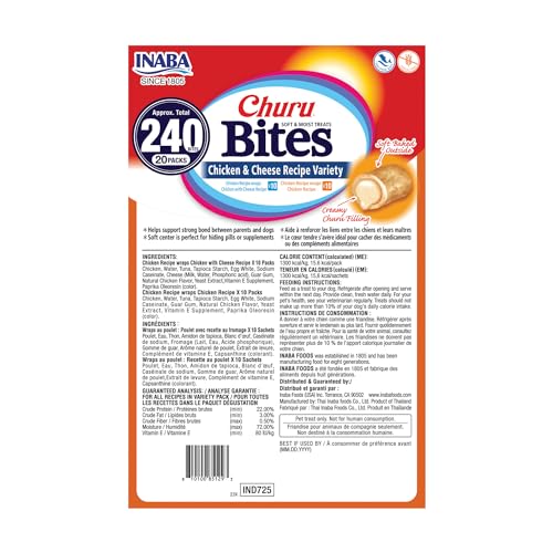 Image of INABA Churu Bites for Dogs, Soft & Chewy Dog Treats with Vitamin E, 0.42 Ounces Each Tube, 20 Tubes, Chicken & Cheese Variety Box