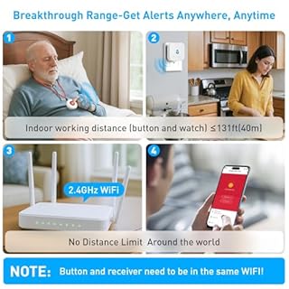 WiFi Caregiver Pager System with Emergency Button for Elderly - 1 SOS Alert Watch + 2 Wireless Call Buttons + 1 Receiver for Seniors Patient Disabled Kids (2.4GHz WiFi, No Monthly Fee)