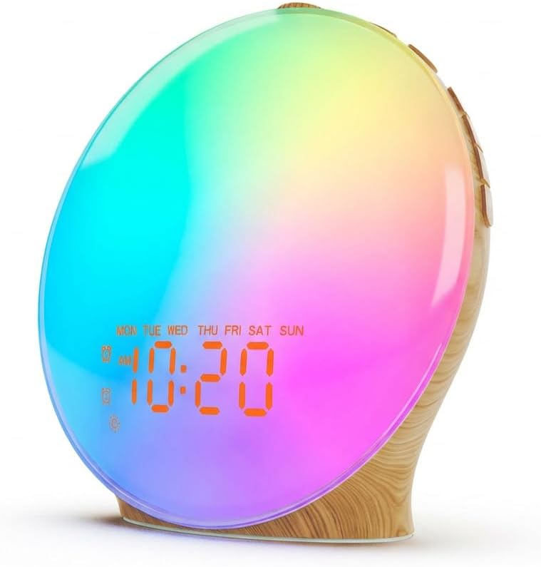 JALL Sunrise Alarm Clock with 25 Soothing Sounds, White Noise Sound Machine for Sleep, Sunset Lamp & 5W Bluetooth Speaker, Dual Alarms for Heavy Sleepers, Kids, Adults, Bedrooms, Wood Grain