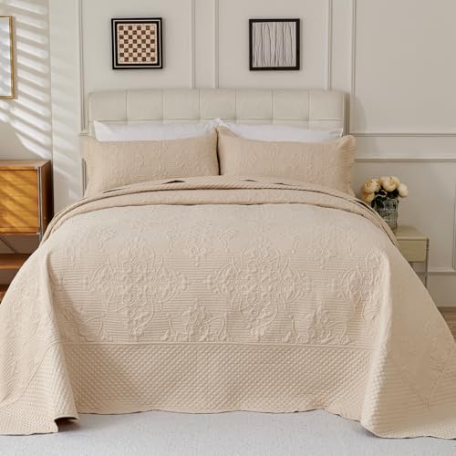 Image of EVENHUG Oversized King Bedspreads California King Quilt Set with Pillow Shams Extra Wide Large King Size Quilts Lightweight Coverlet Bedding Sets Beige 120 inchx120 inch