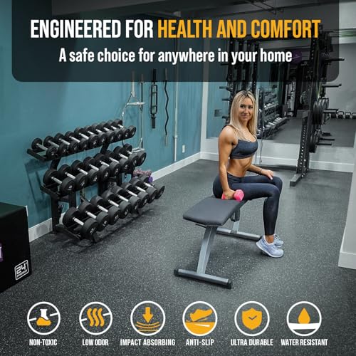 Rubber King 10 Piece Interlocking Tiles 19" x 19" x 6mm - 100% Recycled Rubber Gym Floor Tiles, Exercise Mat for Home Gym, Anti-Slip Low-Odor Interlocking Puzzle Floor Tiles - 23.5sq ft - Blue/Grey