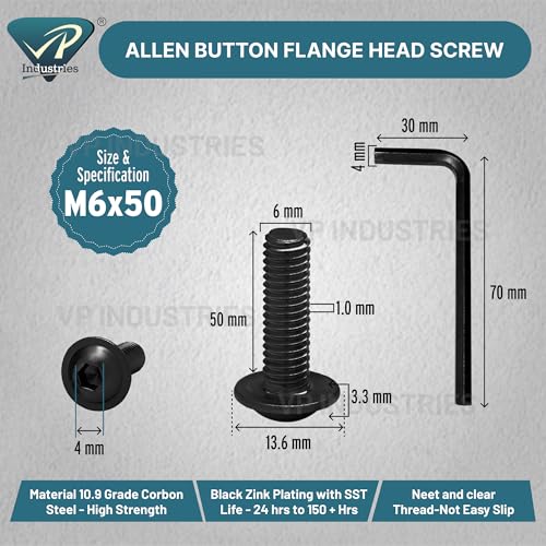 Image of By inchVP INDUSTRIES inch (Pcs-25) M6x50 mm Button Allen Flange Head Cap Screw Black Zinc Plated | High Tensile Hex Socket Round Head Bolt for Furniture, Woodworking & DIY Projects