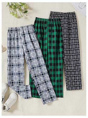 SweatyRocks Boy's 3 Pack Plaid Pants Wide Leg Elastic High Waisted Long Trousers2