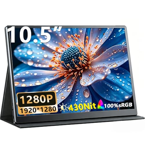 Image of Portable Monitor 10.5'' 1920x1280 (3:2) IPS Display, 100% sRGB, 430 Nits HDR, USB-C & HDMI Travel Monitor with Smart Case & Speakers, External Monitor for Laptop Mac Phone PS5 Xbox Switch