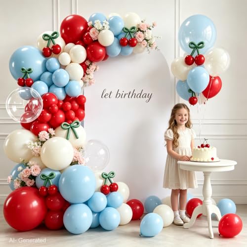 Image of Blocesa Cherry Red White and Blue Balloons Arch Kit, Cherry Party Decor.