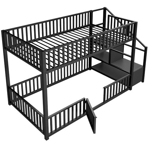 Image of Bellemave Metal Bunk beds Twin Over Twin with Guardrail and Storage Stairs, Floor bunk Bed with guardrail for Kids, Black