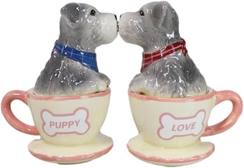 Ebros - Juego de salero y pimentero de cerámica gris Schnauzer en miniatura, juego de salero y pimentero, figuras de San Valentín, fiestas, cocina,