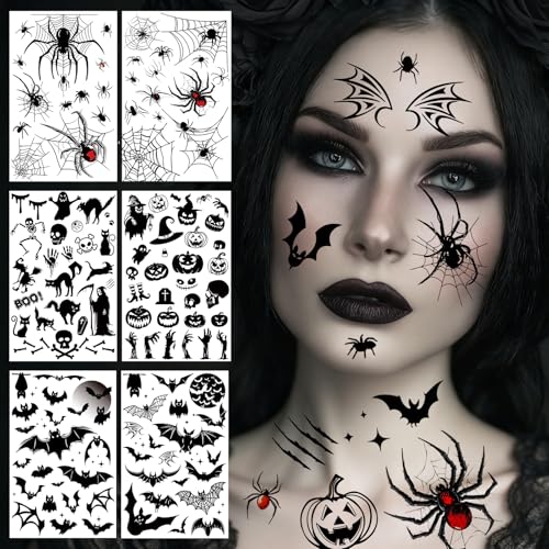 Tatuaje de Halloween, cara de brillantes, cara de araña, esqueleto, murciélago, tatuaje para Halloween, disfraz de mujer, hombre, niños, accesorios, tatuaje facial para el día de los muertos