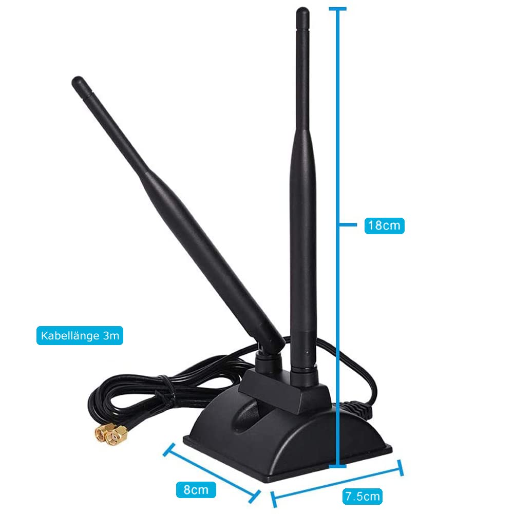 L44CS antena WiFi Dualband 2,4 GHz i 5,8 GHz, 2 x 6dBi RP-SMA wzmacniacz sygnału z podstawą magnetyczną i przedłużaczem 3 m do kart PCI i routerów