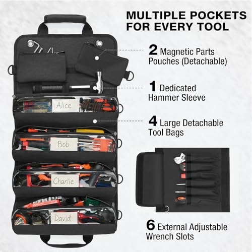 HISEA Roll Up Tool Bag, Heavy Duty Tool Storage Large-Capacity, 27\"*14\" Portable Tools Organizer with Utility Detachable Pouches, Water-Resistant Tool Roll Bag for Mechanic, Electrician, Gifts