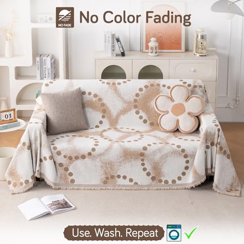 Image of HOKIPO Printed 320 GSM Chenille Sofa Cover Throw Blanket for 3 Seater Sofa - All Season, 'Serene Abode Series' Latte Dotted Wave (180x310 cm) (AR-6633-D3)