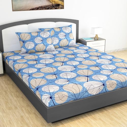 Divine Casa Cotton Blend King Size Bedsheet with 2 Pillow Cover Chadar Flat Sheet (Classy Cassava) Lichen Blue