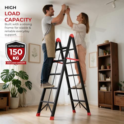 Image of Plantex 5 Step Ladder for Home Use /Heavy-Duty Steel A-Frame Step Ladder /Ultrafold 2 Way Wide Anti-Skid Steps /Space-Saving Fully Foldeble Design (150 kg Capacity, Black & Red)