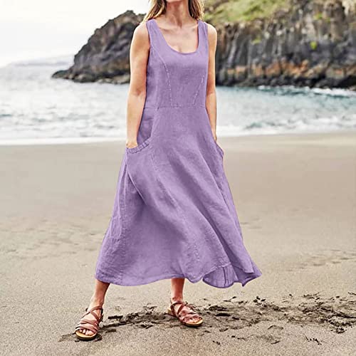 Plus Size Cotton Linen Summer Dresses for Curvy Women 2025 Sleeveless Maxi Vacation Beach Sundresses with Pockets