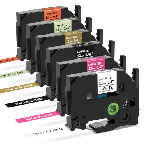 Markurlife TZe Schriftband 12mm Compatibel met Brother P-Touch 12mm 0,47 Banden in Zwart op Wit/Mintgroen/Oranje, Wit op Zwart/Satingold/Beerenrosa voor PT-H105 H110 H200 H100R 1000 1080