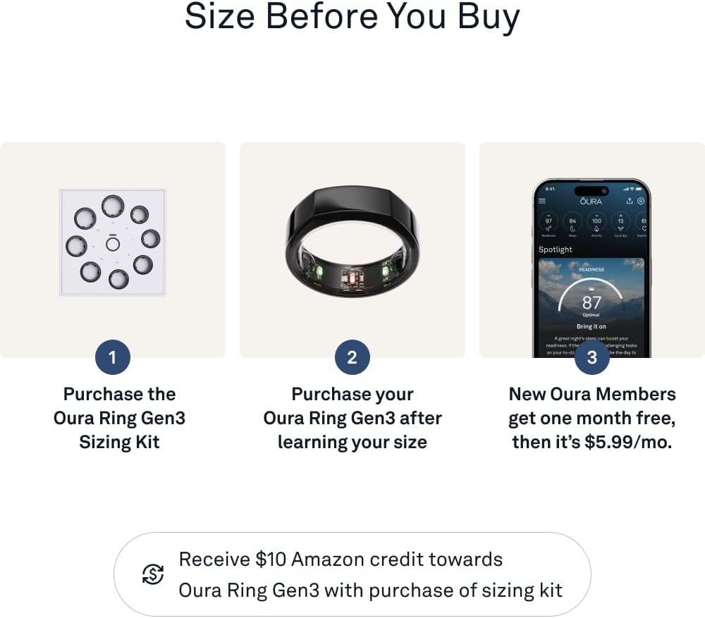 Oura Ring Gen3 Heritage - Black - Size 8 - Smart Ring - Size First with Oura Ring Gen3 Sizing Kit - Sleep Tracking Wearable - Heart Rate - Fitness Tracker - 5-7 Days Battery Life