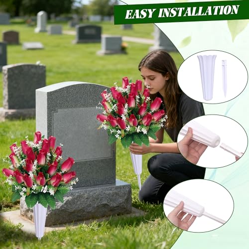 Artificial Cemetery Flowers for Grave,2Pack Memorial Roses Bouquets with Vase for Grave Tombstone Decorations (2, Rose Red) image 6