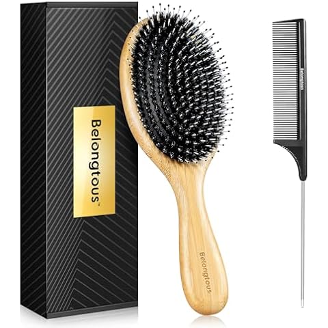 Boar Bristle Hair Brush with Nylon Pins for Women, Bamboo Paddle for Hair Gowth Scalp Massage Detangling, Boars Hair Brush for Thick Hair, Giftbox & Tail Comb Included Cover