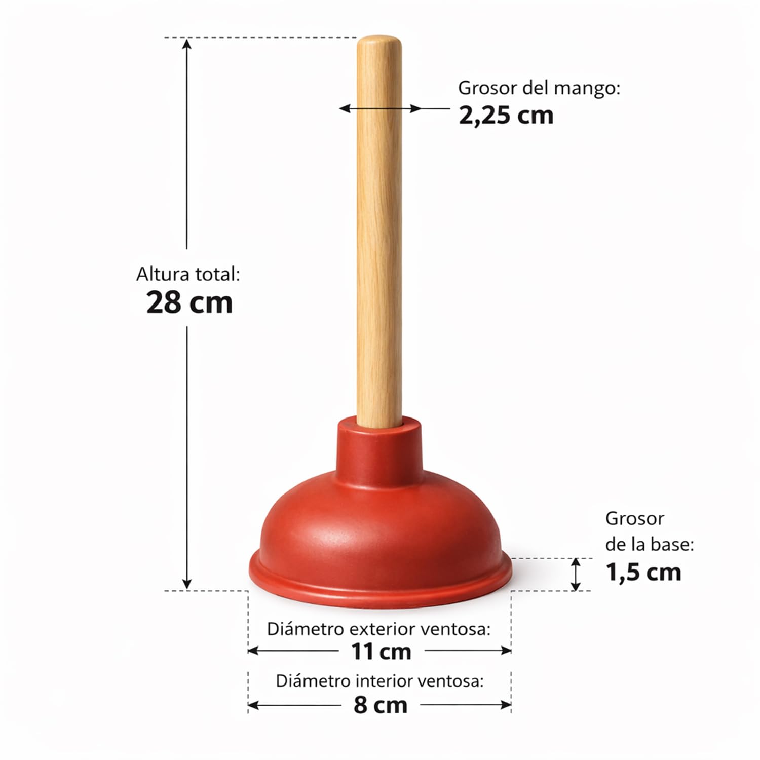 Desatascador Tuberias Profesional con Ventosa de Goma 11 cm y Mango de Madera 23 cm + Desatascador de Cremallera 45 cm – Ventosa Desagüe para Fregadero, Ducha y Lavabo — view 3