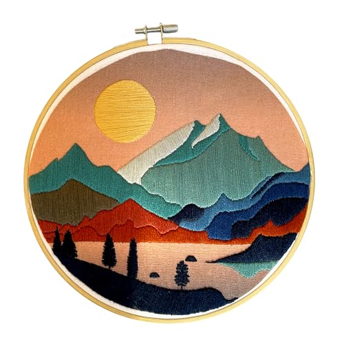 mozhijing Landscape Embroidery Stamped Pattern.Scenery Embroidery Kits for Beginners Adults, Mountains and Lake Stamped Cross Stitch Kits for Beginners (Pattern A)