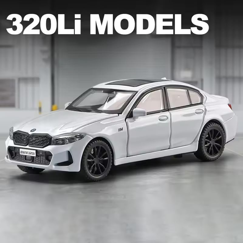 Image of 1:32 Scale B-M-W 320i - Alloy Die-Cast Car Model with Door-Activated Light & Sound | Openable Doors, Hood & Trunk | Metal Toy Car for Kids & Collectors (No Pull Back) (Grey Color)