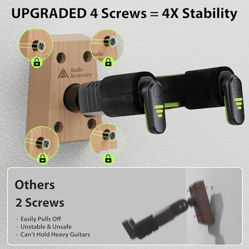 Image of AA AUDIO ACCESSORY Guitar Wall Mount Autolock 2-Pack - Nitro Friendly Velvet Hook (Heavy-Duty Design) 4-Screw Wood Base of 20lbs Load Guitar Wall Hanger for Bass, Acoustic, Classical, Electric Guitar