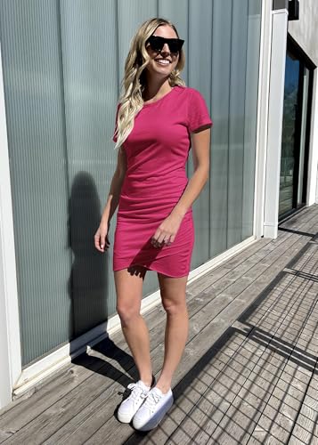 Image of BTFBM Women's Summer Dresses 2026 Casual Bodycon Mini Dress Short Sleeve Crew Neck Ruched Spring Beach Vacation Outfits