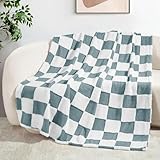 Exclusivo Mezcla Checkered Throw Blanket, Super Soft and Warm Fluffy Fleece Blanket for Couch, Sofa, Bed, Cute Plaid Pattern, Slate Blue, 50' x 60'