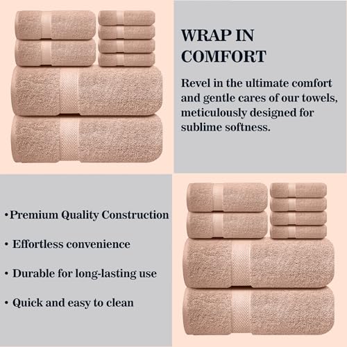 Image of Sulfar 100% Combed Cotton, 8 Pcs Towel Set - 2 Bath Towels (70 x 140 cm), 2 Hand Towels (40 x 70 cm) and 4 Face Towel (30 x 30 cm) (600 GSM, Pack of 8) Nature Lux