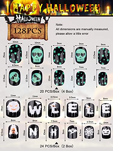 128 Stücke Halloween Künstliche Nägel Kinder falsche Fingernägel, EBANKU Kinder Kunstnägel Press on Nails, Totenkopf… – Bild 6