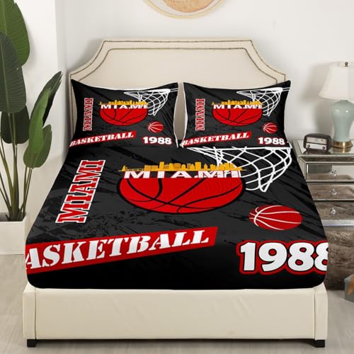 Homemissing Juego de sábanas de baloncesto para niños y niñas, tamaño King, sábana bajera ajustable de Miami, regalo deportivo para amantes del baloncesto, mujeres y hombres, juego de ropa de cama de