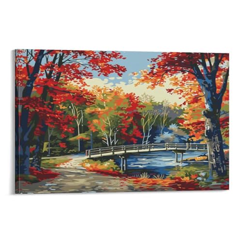 EUUMKOO Lienzo decorativo rústico vintage para pared, puente de río, paisaje otoñal, pintura sobre lienzo, póster impreso, decoración para el hogar, sala de estar, dormitorio, marco de decoración de