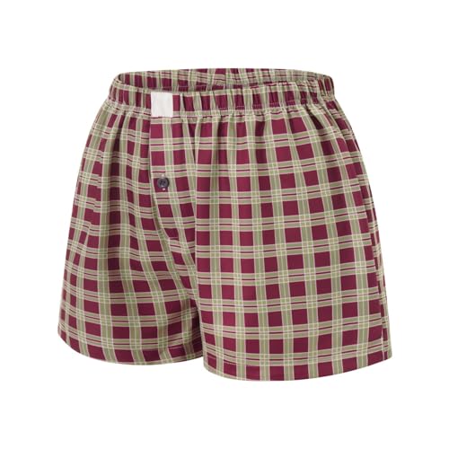 Image of Women Pajamas Shorts Micro Boxer Shorts Y2K Cute Gingham Sleep Lounge Shorts Checkered Plaid Button Pj Mini Shorts