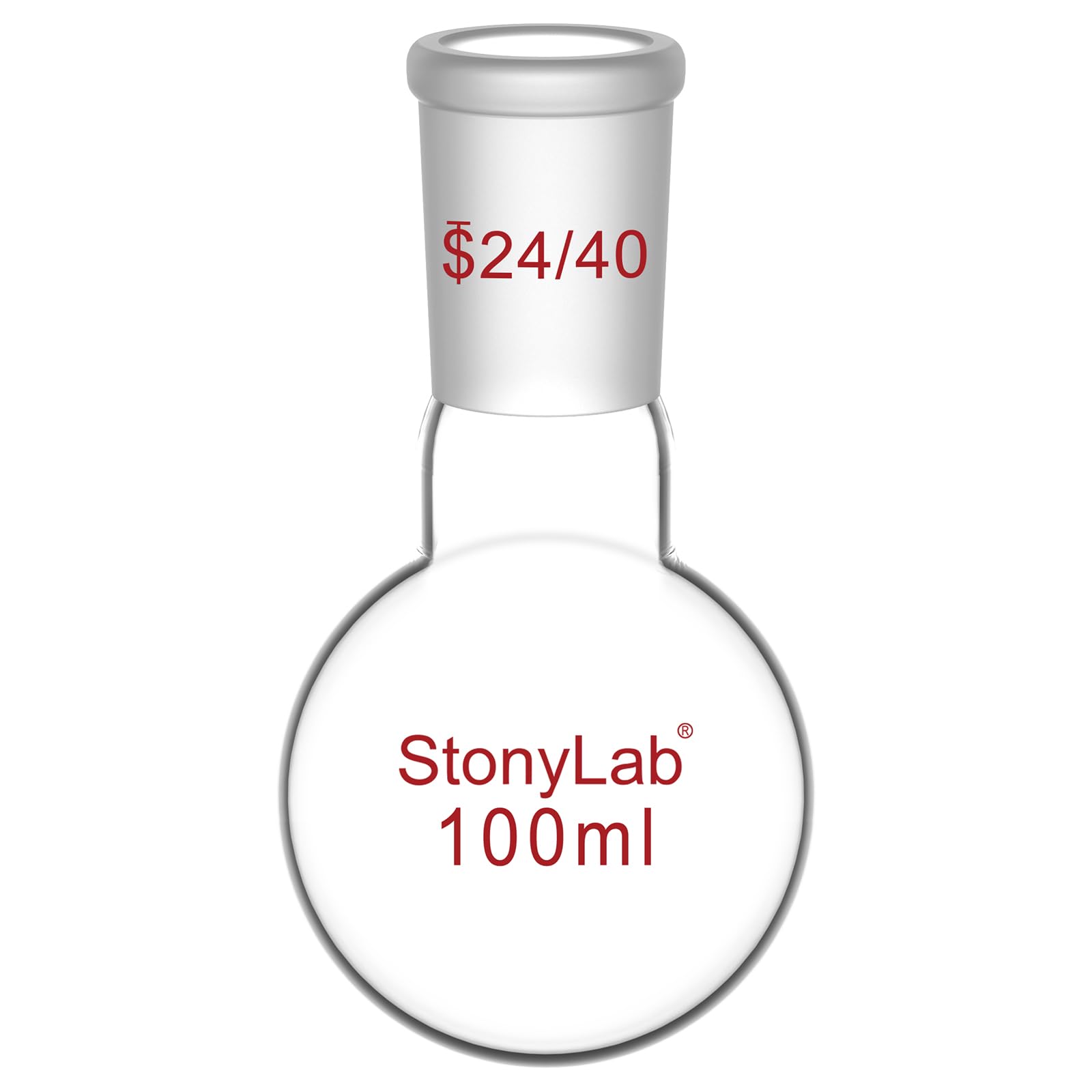 StonyLab Glass 100ml Short Neck Round Bottom Flask, Borosilicate Glass Single Neck Heavy Wall Flask RBF with 24/40 Standard Taper Outer Joint - 100ml