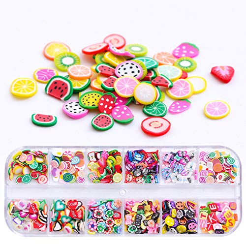 12 Grid 3D Fruit Animal Pattern Nail Art Decor Slices Colorful DIY Nail Decoration Fruit Clay Nail Jewelry Patch Watermelon Straw Hat Orange Patch (cartoon)