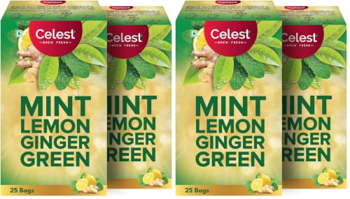 Image of Celest Green Tea | Green Tea for Weight Loss | Ginger, Mint & Lemon | 50 Teabags (25 Tea Bags - Pack of 4)