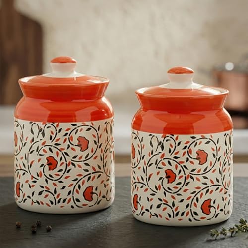 Image of D'Maiolica Pickle Jars in 1000ml (set of 2) | Handpainted Floral Pattern 1 kg Achaar Martban | Ceramic Container Set for Kitchen Storage (Pack of 2) (Red Floral Bale)