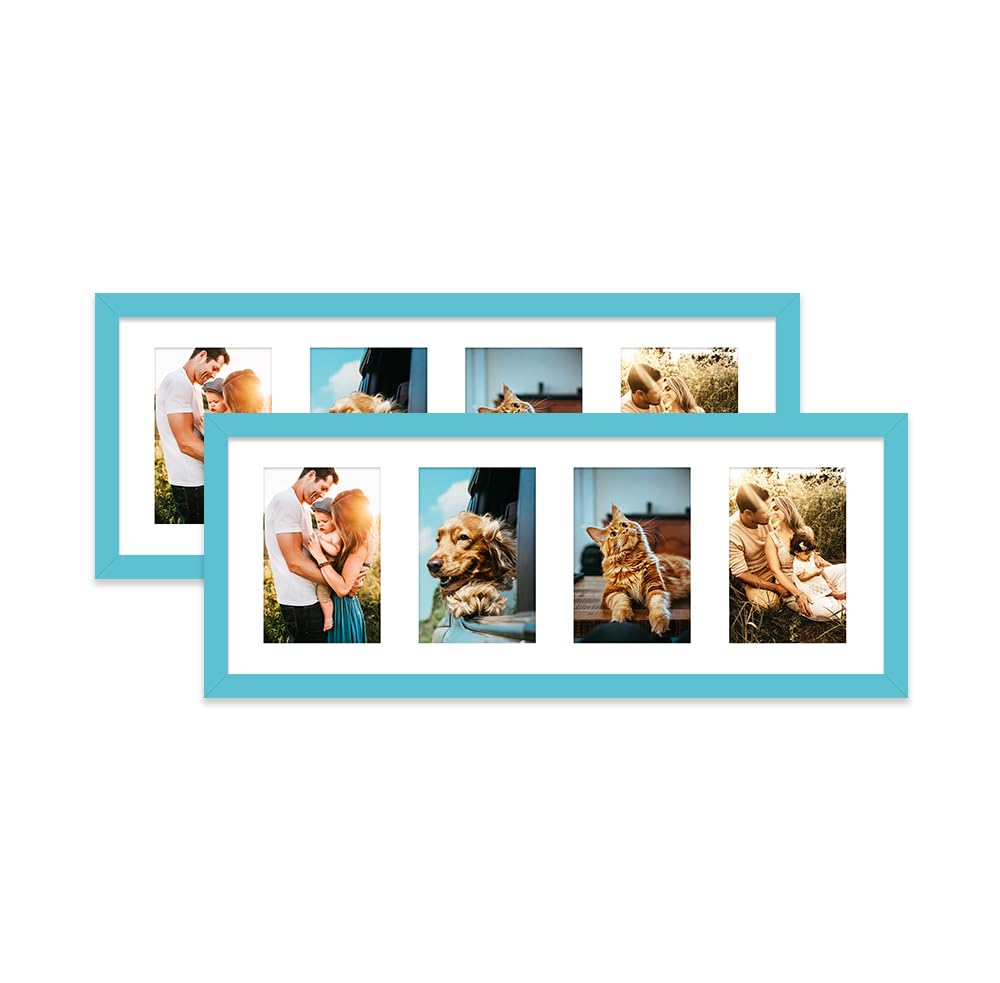 Turquoise Multi Photo Frame - Holds 4 x 6x4 Pictures, Family Collage Picture Frame for Wall Display, 8x22 Panoramic Frame Size, Set of 2