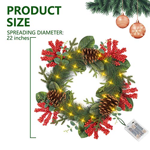 Rocinha Prelit Christmas Wreath with Lights, 22 Inches Artificial Front Door Wreath Garland with Berry, Pine Cone - Ideal Christmas Decor for Winter Holiday New Year, Indoor Outdoor